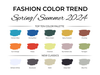 Fashion Color Trend Spring - Summer  2024. Trendy colors palette guide. Brush strokes of paint color with names swatches. Easy to edit vector template for your creative designs.