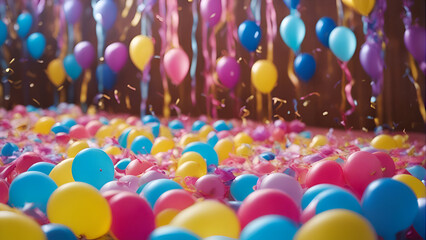 Fototapeta na wymiar Colorful balloons and confetti on a birthday party. Colorful background