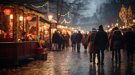 Colorful Christmas market on a pedestrian street illuminated with Christmas lights at dusk, humid atmosphere