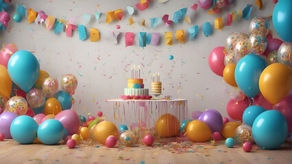 Fototapeta na wymiar 3d rendering of birthday cake and balloons with confetti in the room