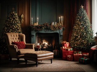 A warm room with a glowing fireplace, cozy armchair, and a Christmas tree surrounded by gifts, radiating holiday cheer