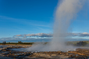 Strokkur, a fountain-type geyser located in a geothermal area beside the Hvítá River, southwestern Iceland, east of Reykjavík. It typically erupts every 6–10 minutes. Part of The Golden Circle Tour.