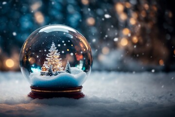 Fototapeta na wymiar A transparent glass Christmas ball ornament lies in the snow, with a backdrop that sparkles and flashes brilliantly