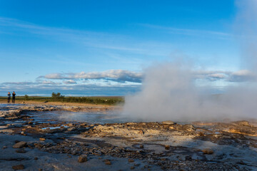 Strokkur, a fountain-type geyser located in a geothermal area beside the Hvítá River, southwestern Iceland, east of Reykjavík. It typically erupts every 6–10 minutes. Part of The Golden Circle Tour.