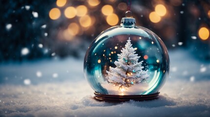 Obraz na płótnie Canvas A transparent glass Christmas ball ornament lies in the snow, with a backdrop that sparkles and flashes brilliantly