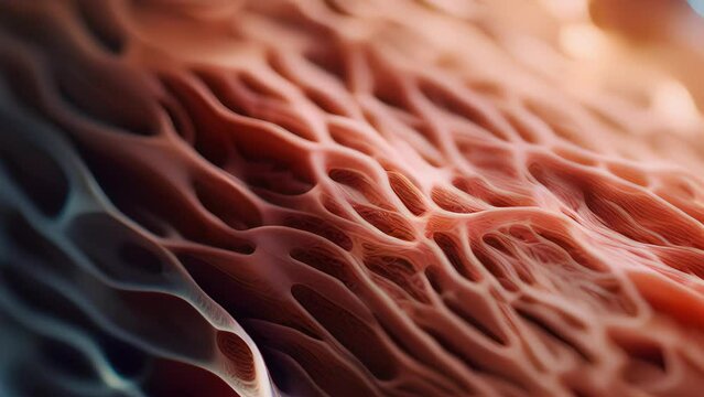 Examined up close, the surface of muscle cells appear to be laden with numerous striations, suggesting their ability to efficiently contract and generate force. Abstract video