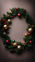 Fototapeta na wymiar Christmas wreath with baubles and stars on a dark background