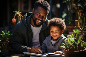 African American father teaching his kid to read - obrazy, fototapety, plakaty