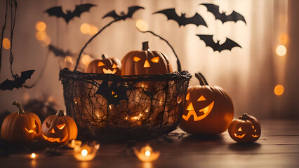 Halloween pumpkins in basket on wooden table with bats and lights