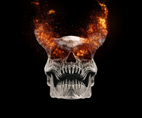 Demon skull with sharp teeth with flaming and burning eyes and horns