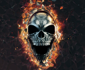 Screaming heavy metal skull through exploding glass and flames