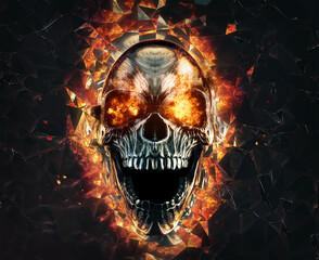 Heavy Metal skull with bright burning eyes emerging from broken glass