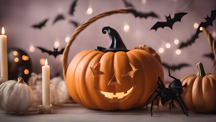 Halloween pumpkins. spiders and bats on bokeh background