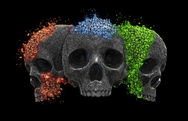 Three dark skulls disintegrating into colorful crystals