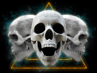 Three skulls - neon grunge 3D Illustration
