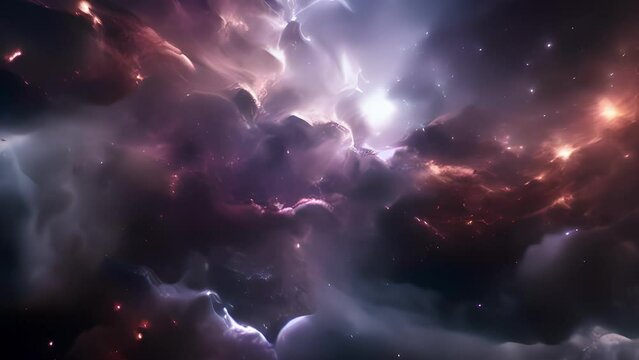 An aweinspiring celestial scene, presenting a visually striking tapestry of interstellar gas clouds intertwining with dark matter halos, shimmering with unseen cosmic energies. Abstract video