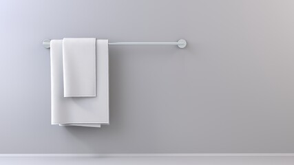 Simple white towels on towel holder on bright background - graphic template