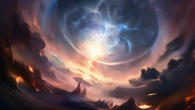 Empyreal Torrent Summons a torrential downpour of celestial flames, engulfing enemies within a storm of intense heat and pure magic. Abstract video