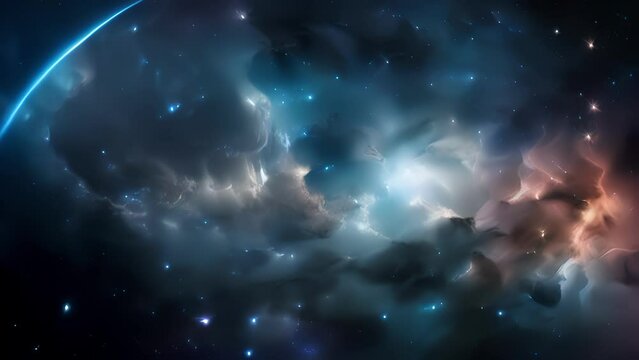 A striking view of a star , embedded within a dense cloud of interstellar gas and dust. Speckles of light peer through the dark veil, symbolizing the presence of dark energy, subtly Abstract video