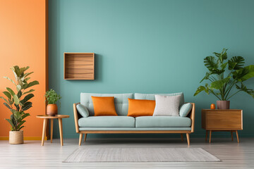 orange sofa and green wall in the style of light azure.