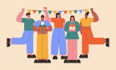 People celebrating birthday vector flat illustration. Diverse Men and Women have birthday party. Corporate Party.