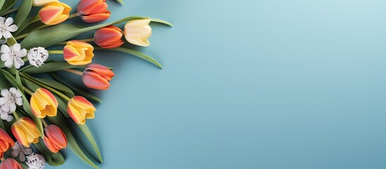 Laptop and tulip flowers on blue background Spring holidays online shopping concept Top view
