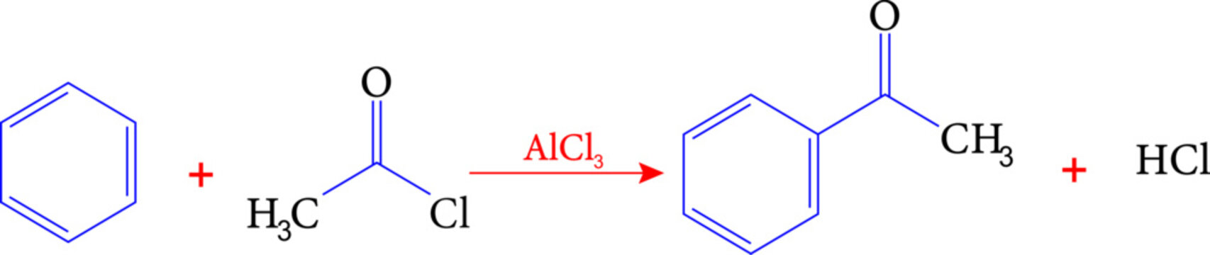 Friedel-Crafts acylation of benzene by acetyl chloride . Vector illustration