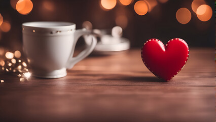 Fototapeta na wymiar Coffee cup and red heart on a wooden table with bokeh background