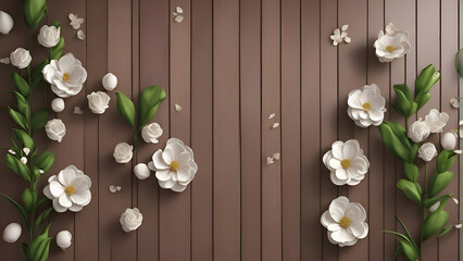 White flowers and leaves on brown wooden background. 3d illustration.