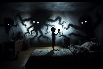 Baby bad dreams, nightmares, night terrors, sleep problems, gloomy dreaming, baby night sleep therapy, baby bedroom bed, monsters in the imagination, monsters on the wall and under the bed, ghosts 