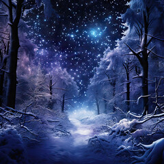 Christmas winter landscape at night with fir trees, stars, snow and lights. New Year seasonal background.