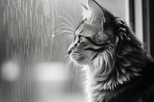 Cute cat against a window looks in the rain outside, close up side portrait, Kitten seeking new adventures, opportunities, waiting for its owner going back home concept, with copy space.
