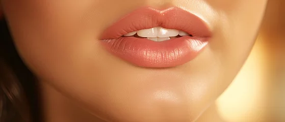 Poster close up of sensual female lips, opened mouth shows white teeth © leftmade