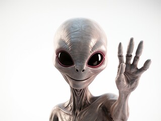 Scary Gray Humanoid Alien Saying Hello and Waving with Hand, close up, isolated on white