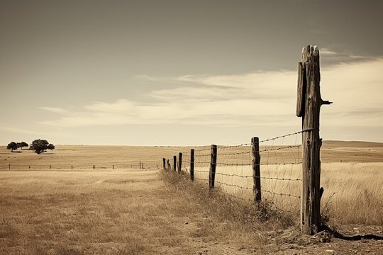 Panoramic views of dry, drought stricken farm land through old steel locked farm gates on a hot afternoon .