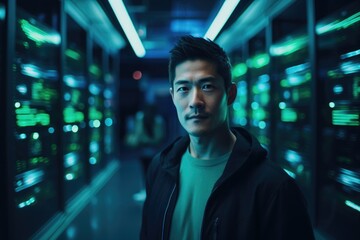Fototapeta premium Portrait of man while running servers in a data center