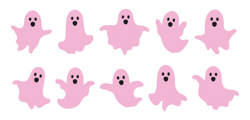 Set scary and funny pink ghosts with faces, isolated on white background. Vector illustration, traditional Halloween decorative elements. Halloween silhouettes pink ghost character - for design decor.