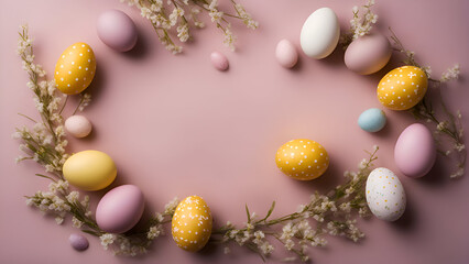 Fototapeta na wymiar Colorful easter eggs and gypsophila flowers on pink background