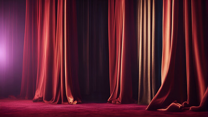 Red stage curtain with red carpet and spotlights. 3d rendering