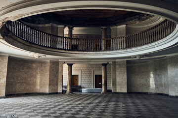 Abandoned soviet spa resort (sanatorium) Metallurg, in Tskaltubo, Georgia. Mezzanine floor, balcony...