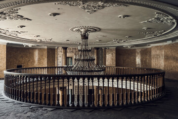 Abandoned soviet spa resort (sanatorium) Metallurg, in Tskaltubo, Georgia. Mezzanine floor, huge...