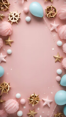 Birthday background with pink and blue balloons. stars and confetti. Top view.