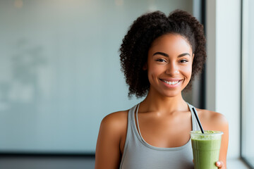 Young african american fitness woman drinking protein shake