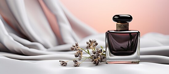 Black perfume bottle on white silk fabric in a mockup - obrazy, fototapety, plakaty