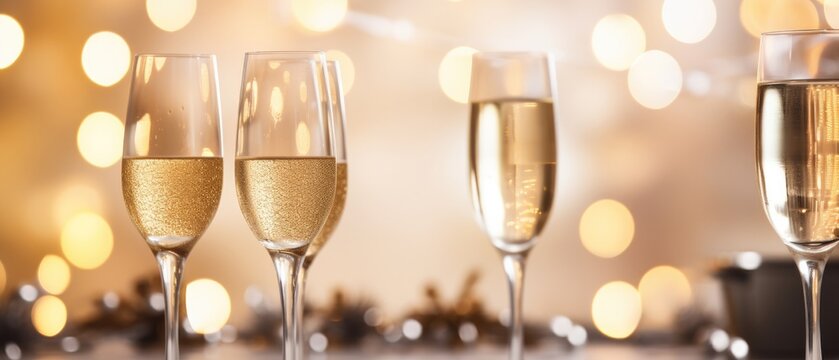 Champagne, festive celebration banner, glasses of sparkling wine on a table