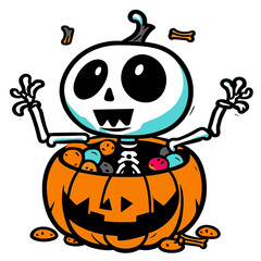 Halloween Skeleton Sits in Pumpkin Filled with Candy