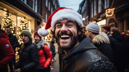 Young happy latin man with Christmas hat walking on the street. Generative AI.