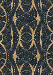 Hand-drawn unique abstract symmetrical seamless gold ornament with golden glittery splatter on a deep blue background. Paper texture. Digital artwork, A4. (pattern: p10-4d)