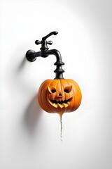 a pumpkin connected to an open tap