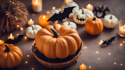 Halloween background with pumpkins. bats and candles on dark background